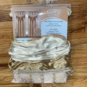 NEW macrame jacquard fabric Panel w attached beaded valence Gold Beige…